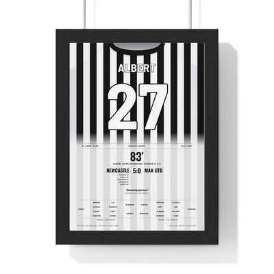 Newcastle United 5-0 Man Utd 1996 Poster - Philippe Albert 27 Chip Shirt Print framed in a black frame, ready to hang
