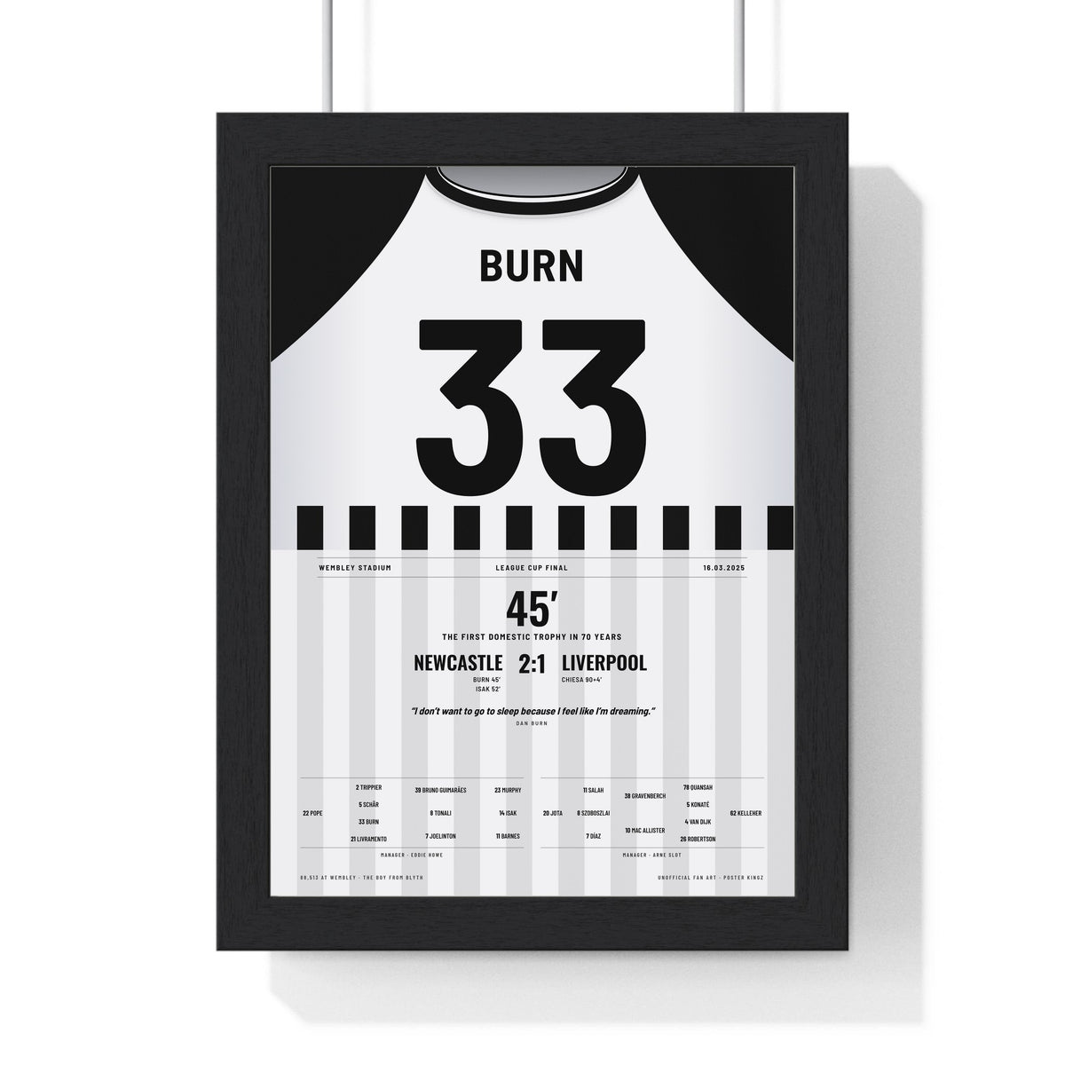Newcastle United Carabao Cup Final 2025 Poster - Dan Burn 33 Wembley framed in a black frame, ready to hang