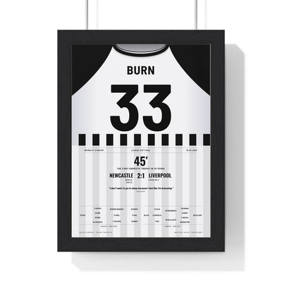 Newcastle United Carabao Cup Final 2025 Poster - Dan Burn 33 Wembley framed in a black frame, ready to hang