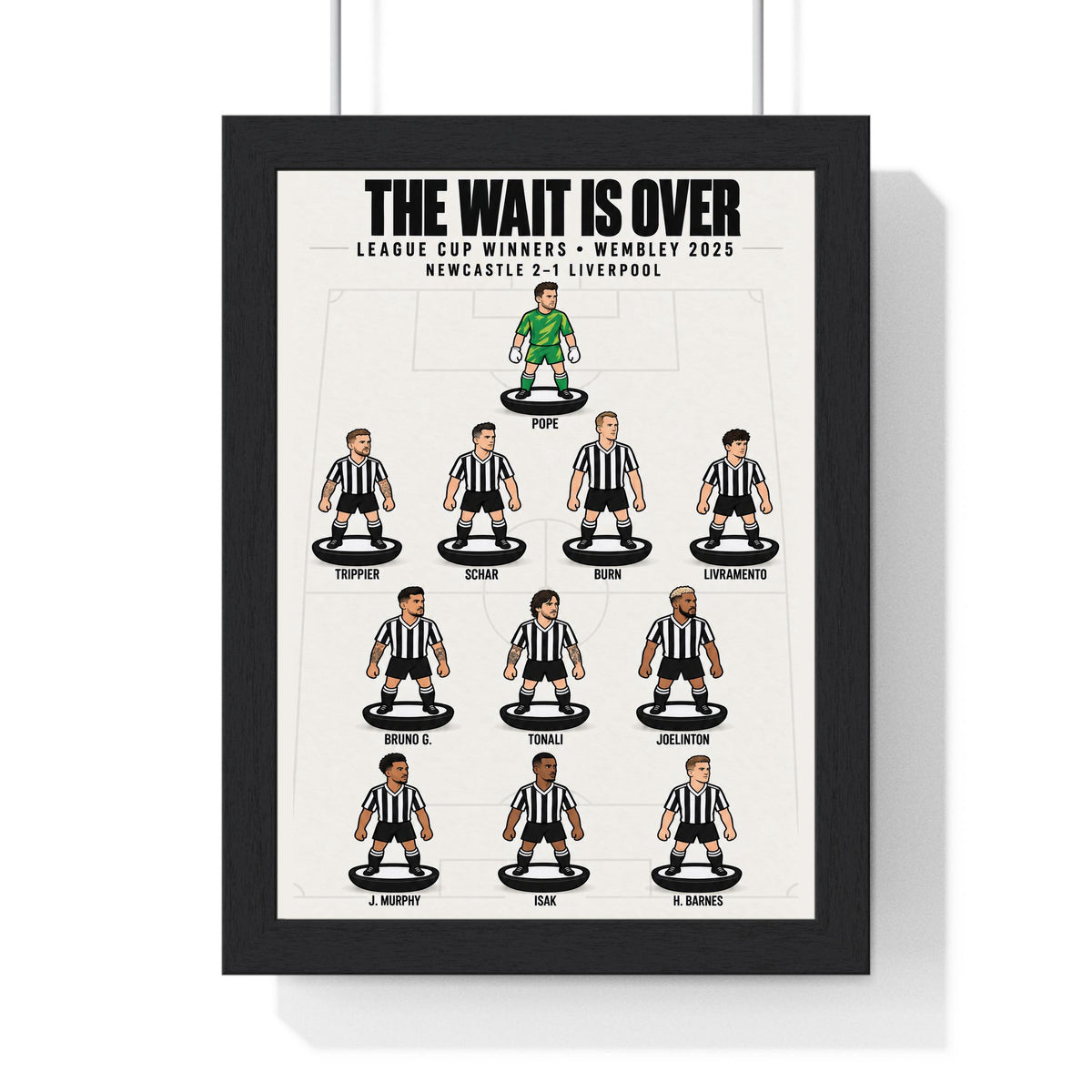 Newcastle United League Cup 2025 XI print in a black frame