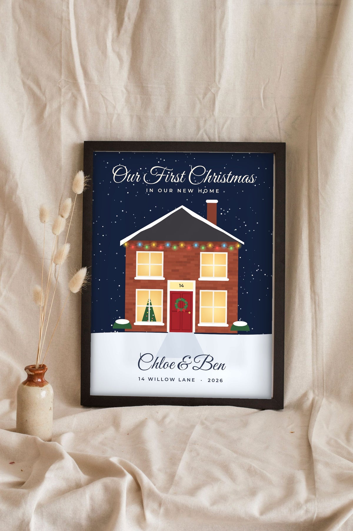 Personalised First Christmas in Our New Home Print - Lifestyle - leaning in a frame with dried flowers