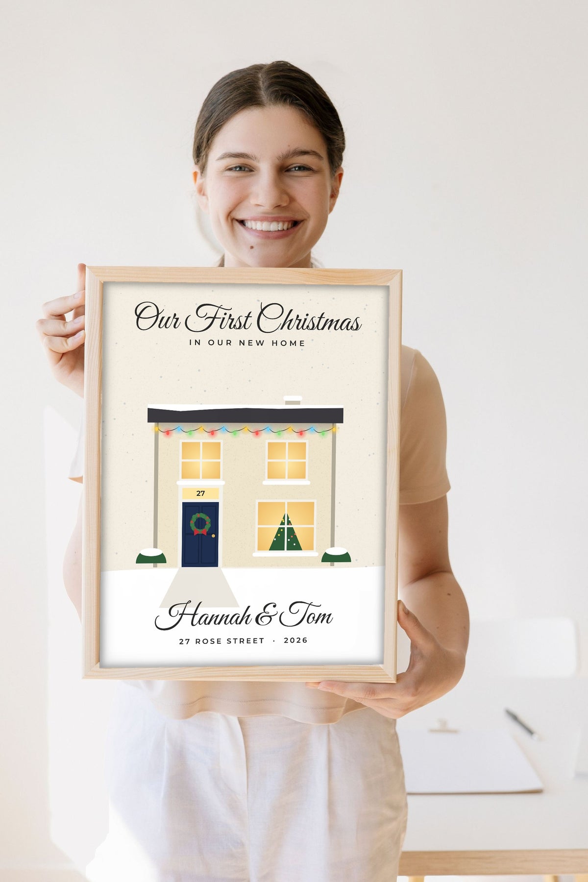 Personalised First Christmas in Our New Home Print - Lifestyle - held by a smiling woman