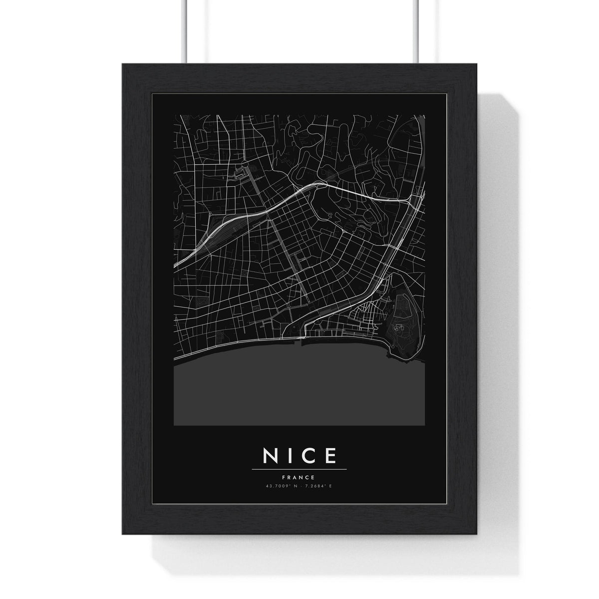 Nice street map poster in black, minimal city map print framed in a black frame