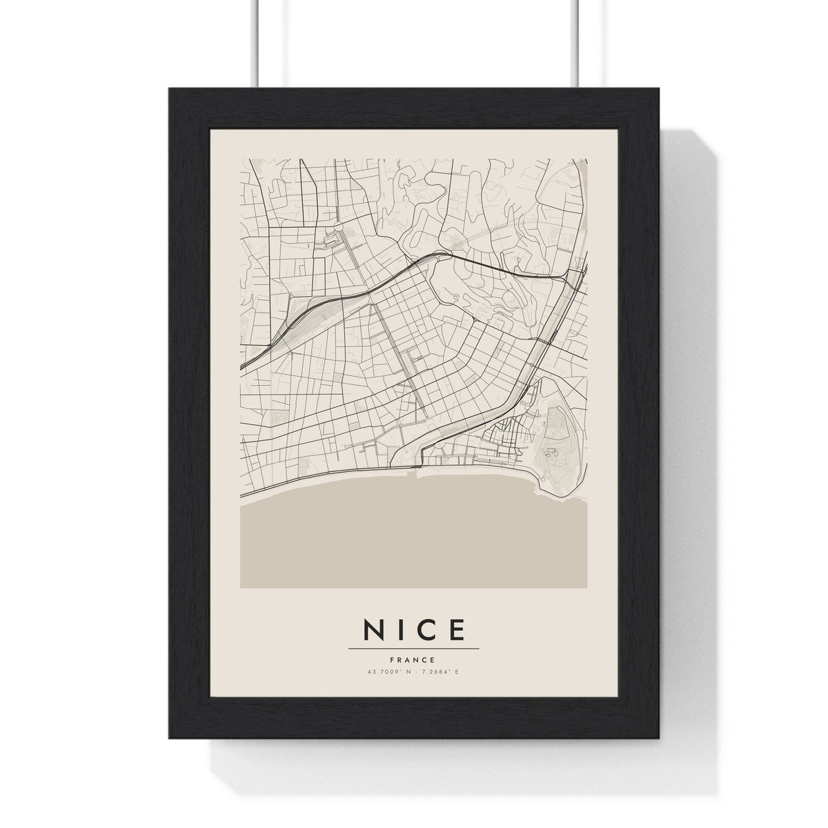 Nice street map poster in cream, minimal city map print framed in a black frame