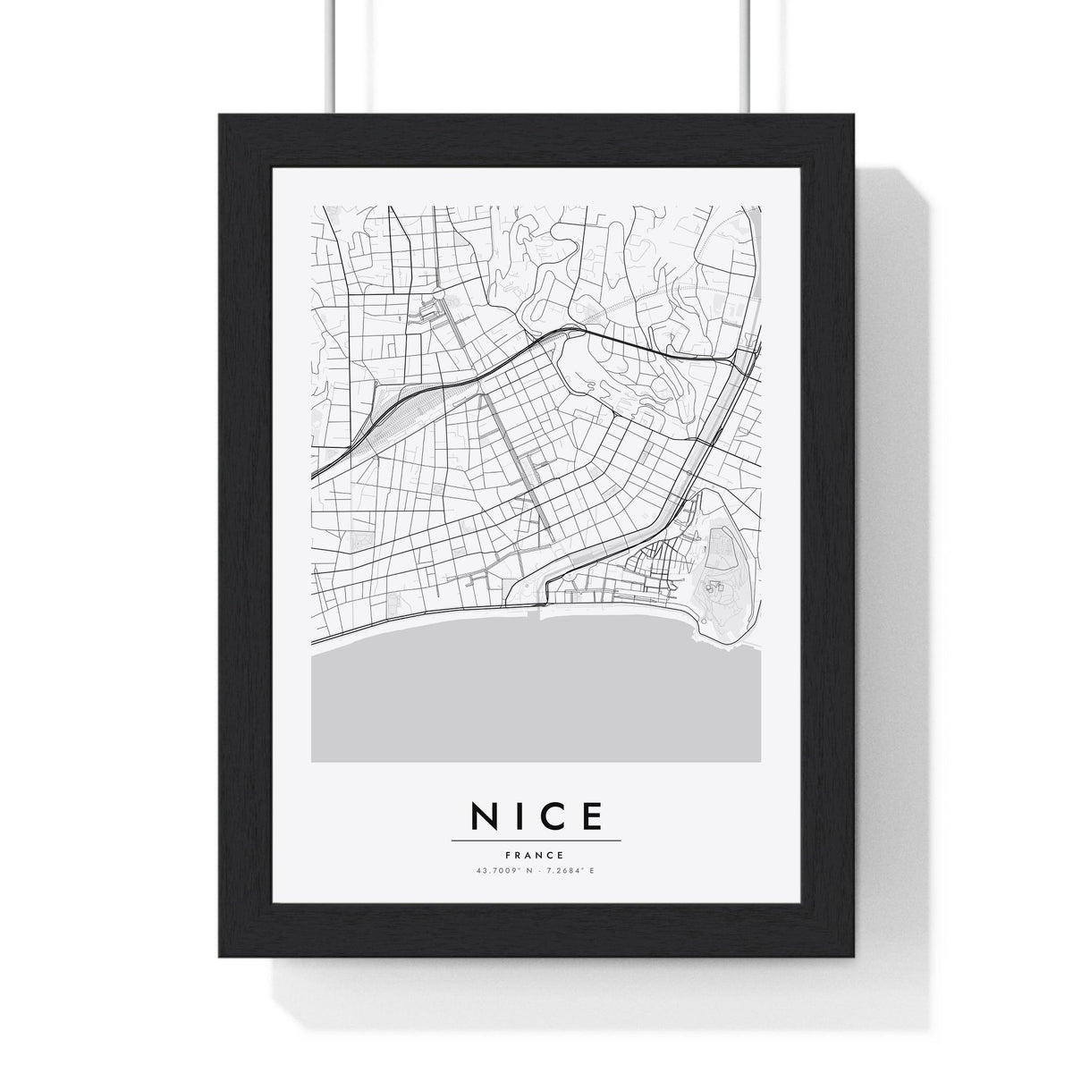 Nice street map poster in white, minimal city map print framed in a black frame