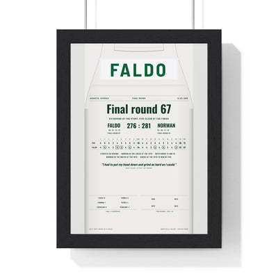 Nick Faldo Augusta 1996 Golf Poster - Caddie Overalls Final Round 67 Print framed in a black frame, ready to hang