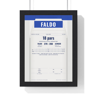 Nick Faldo Muirfield 1987 Golf Poster - Caddie Overalls 18 Pars Final Round Print framed in a black frame, ready to hang