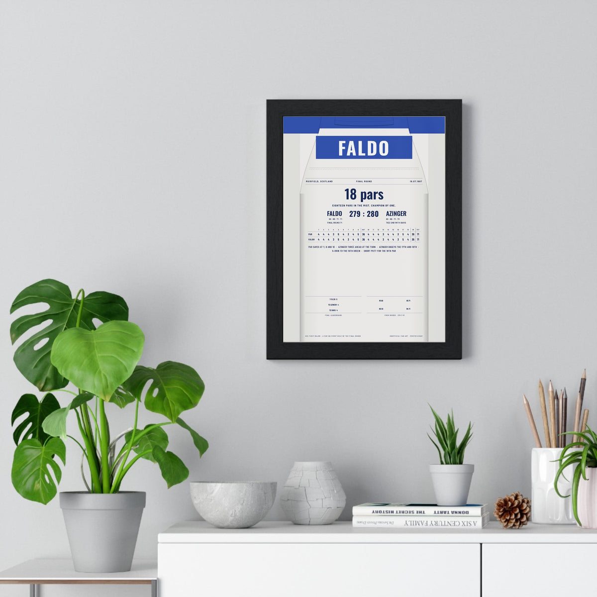 Nick Faldo Muirfield 1987 Golf Poster - Caddie Overalls 18 Pars Final Round Print framed on a living room wall