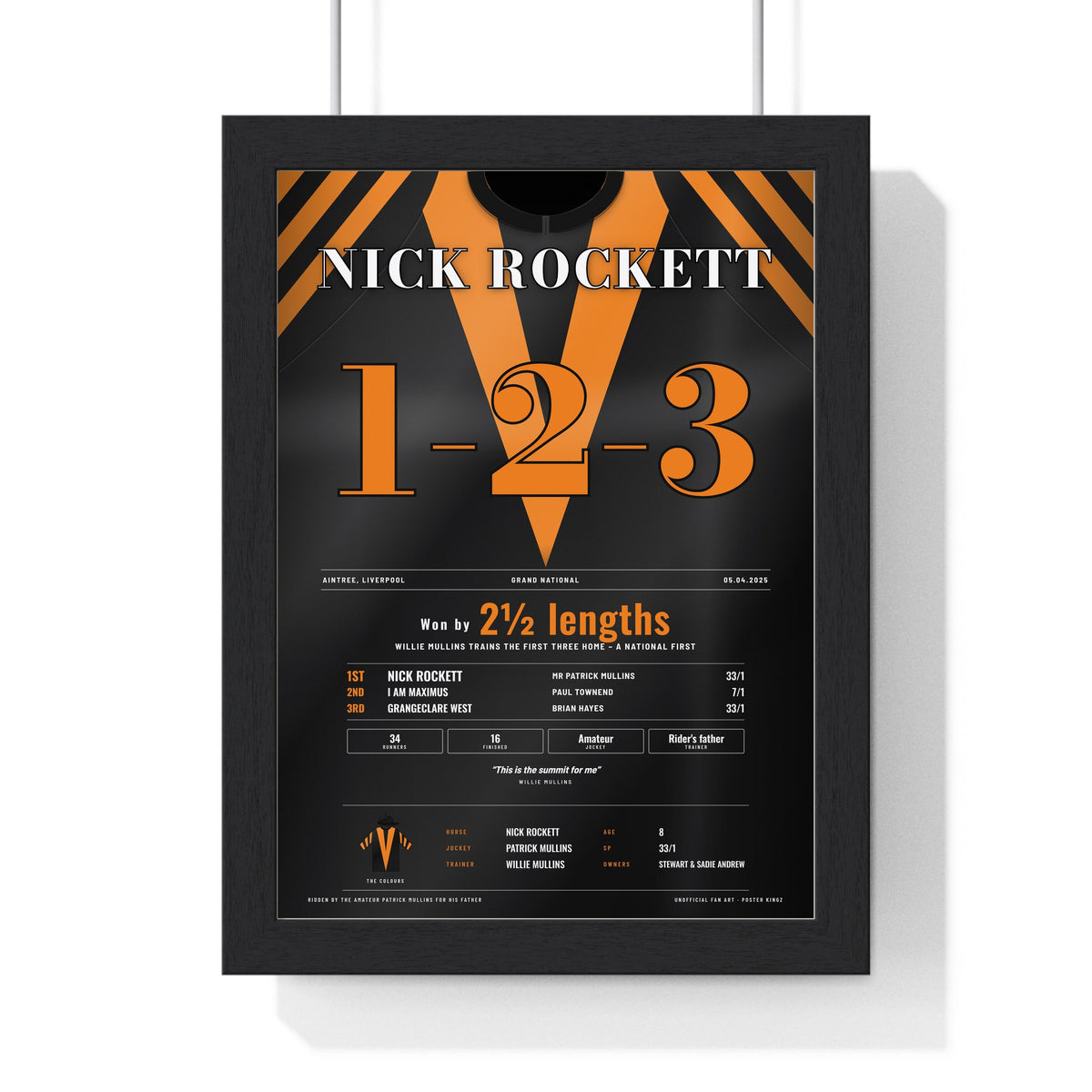 Nick Rockett Grand National 2025 Horse Racing Poster - Mullins 1-2-3 Silks Print framed in a black frame, ready to hang