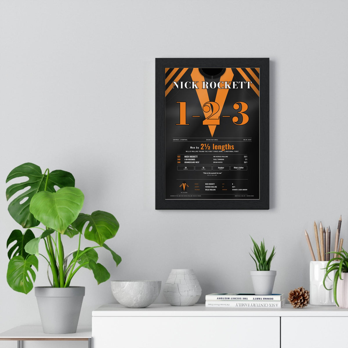Nick Rockett Grand National 2025 Horse Racing Poster - Mullins 1-2-3 Silks Print framed on a living room wall