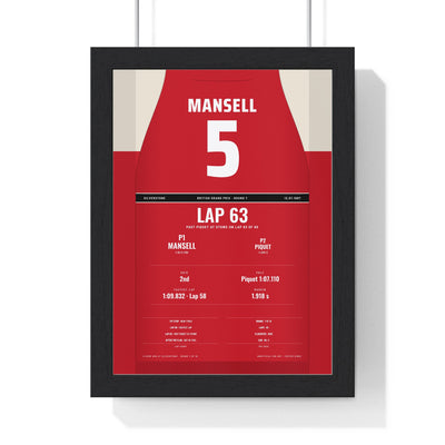 Nigel Mansell 1987 British Grand Prix Win Poster - 5 Race Suit Print framed in a black frame, ready to hang