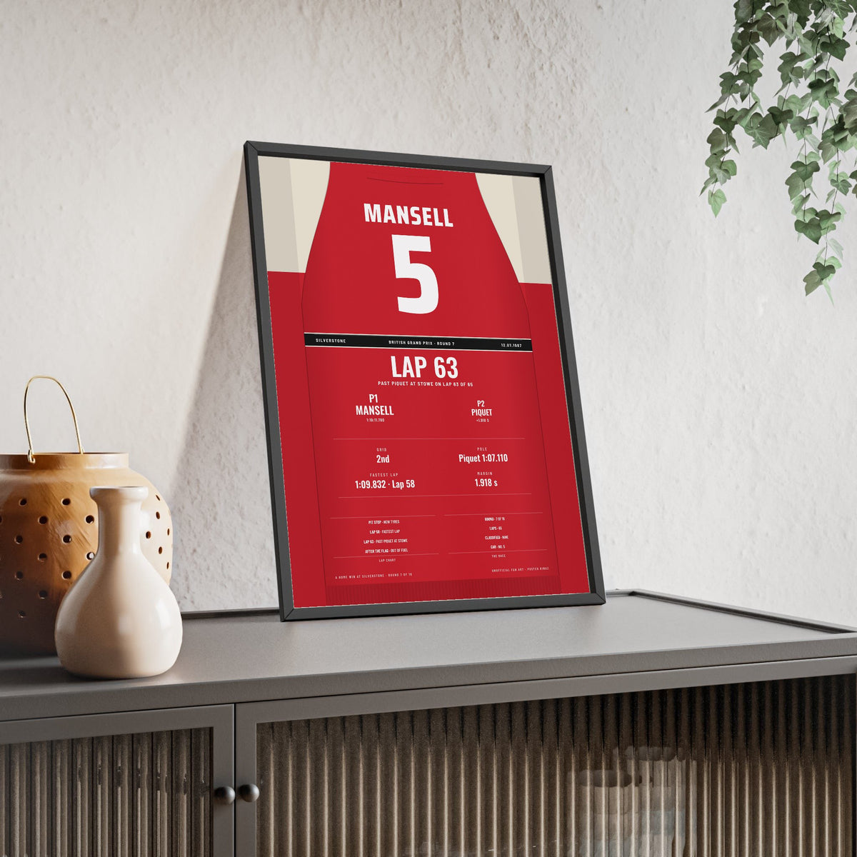 Nigel Mansell 1987 British Grand Prix Win Poster - 5 Race Suit Print framed and leaning on a sideboard