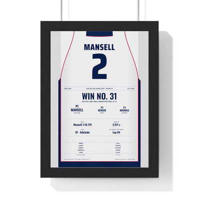 Nigel Mansell 1994 Australian Grand Prix Win Poster - 2 Race Suit Print framed in a black frame, ready to hang