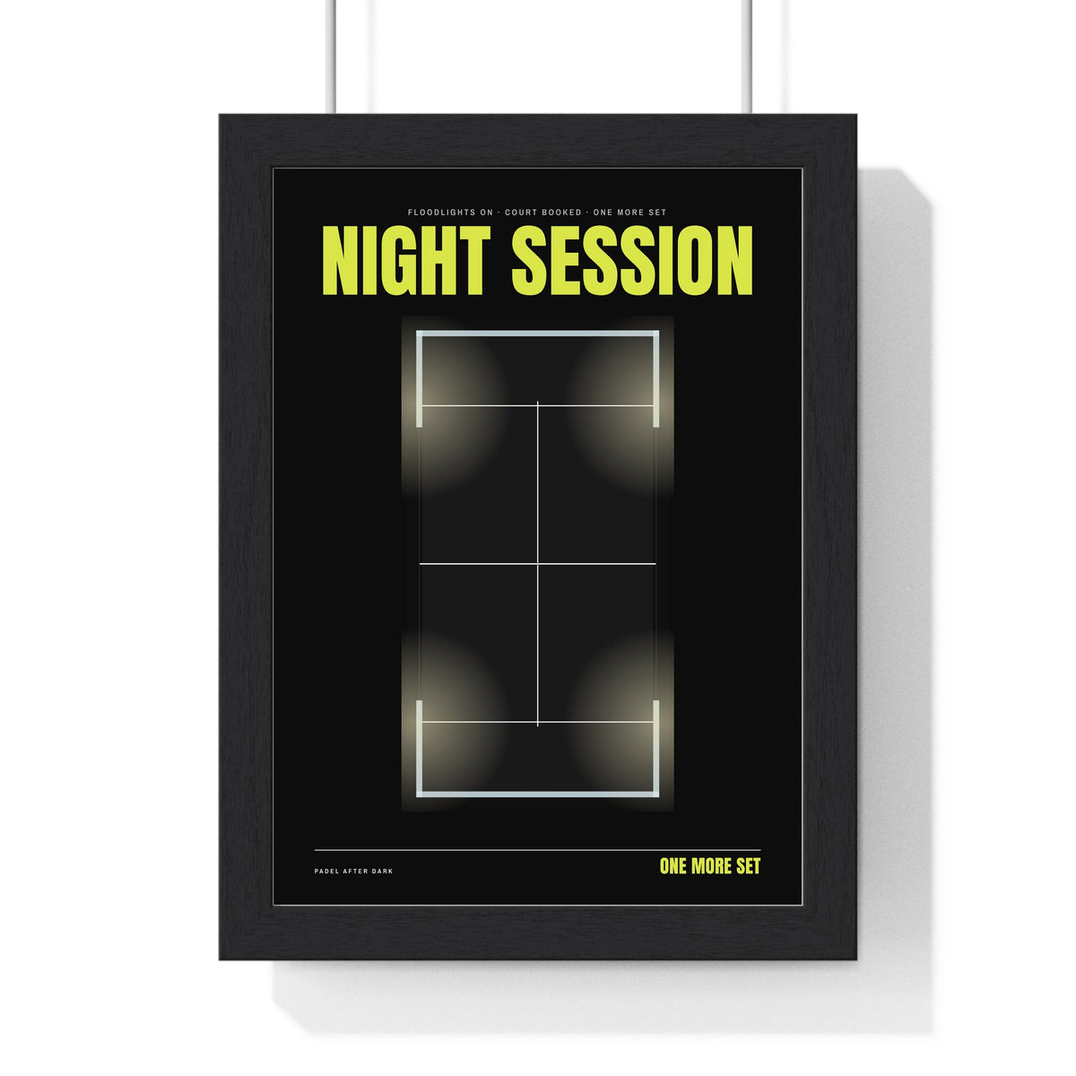 Night Session Padel print framed in a black frame, ready to hang
