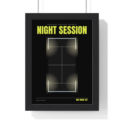 Night Session Padel print framed in a black frame, ready to hang