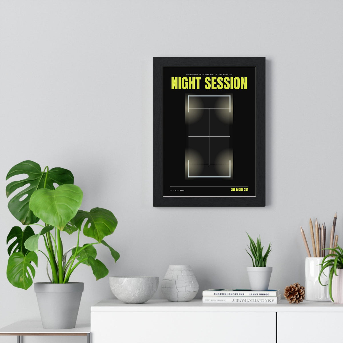 Night Session Padel print framed on a living room wall