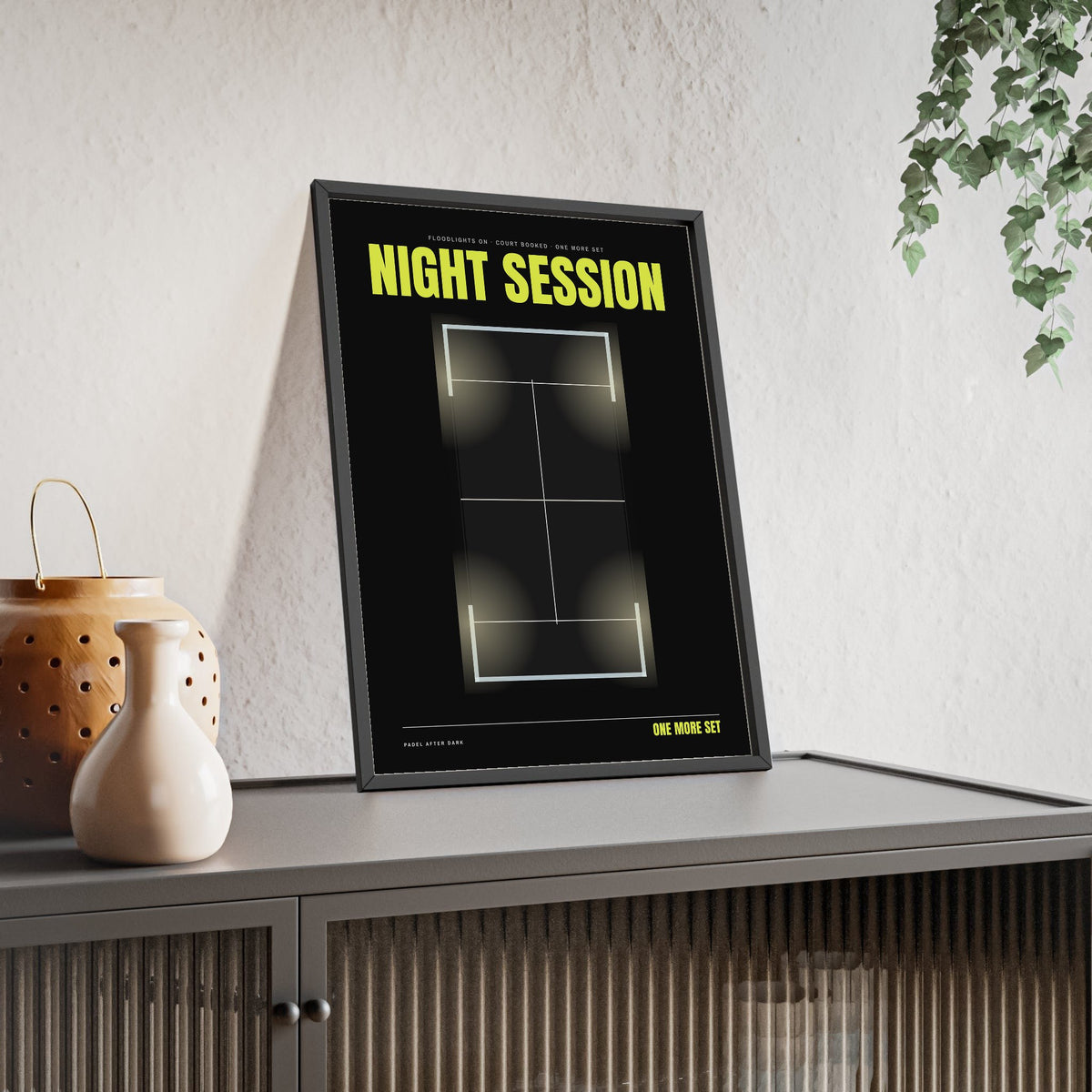Night Session Padel print framed and leaning on a sideboard