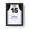 Nikola Jokić 2023 NBA Finals Poster - Denver Nuggets 15 First Championship Jersey Print framed in a black frame, ready to hang