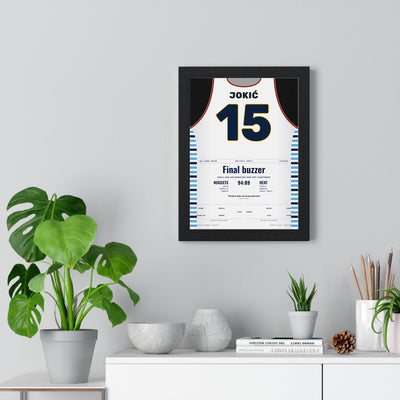 Nikola Jokić 2023 NBA Finals Poster - Denver Nuggets 15 First Championship Jersey Print framed on a living room wall