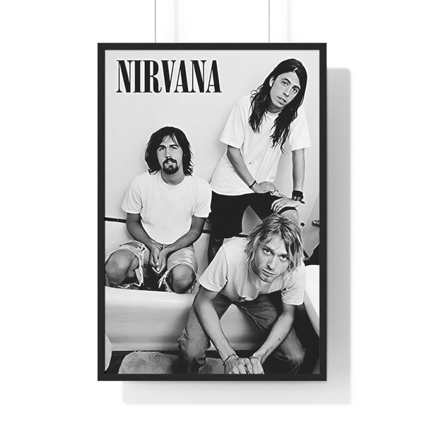 Nirvana Black and White Band Photo Maxi Poster framed in living room