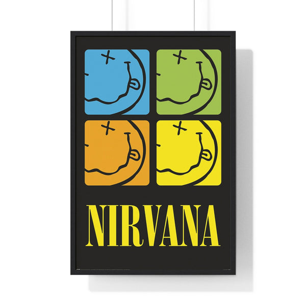 Nirvana Smiley Squares Maxi Poster framed on bedroom wall