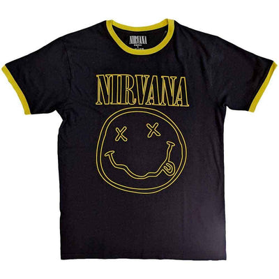 Black t-shirt with Nirvana Unisex Ringer - Outline Happy Face (Black) Official Merch