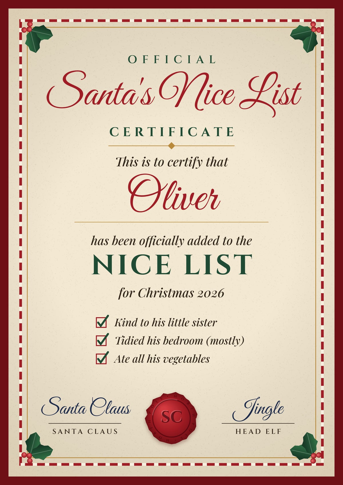 Personalised Santa's Nice List Certificate Print - design detail