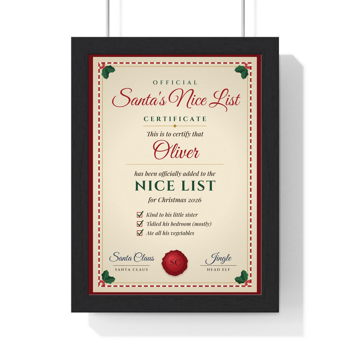 Personalised Santa's Nice List Certificate Print - framed parchment certificate