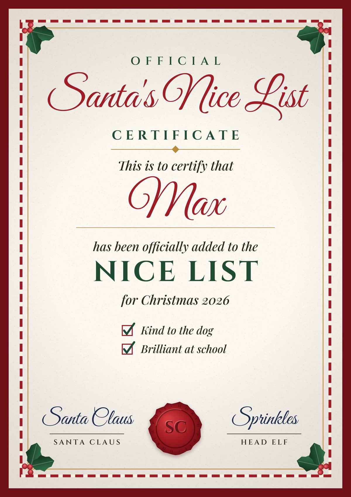 Personalised Santa's Nice List Certificate Print - white paper design