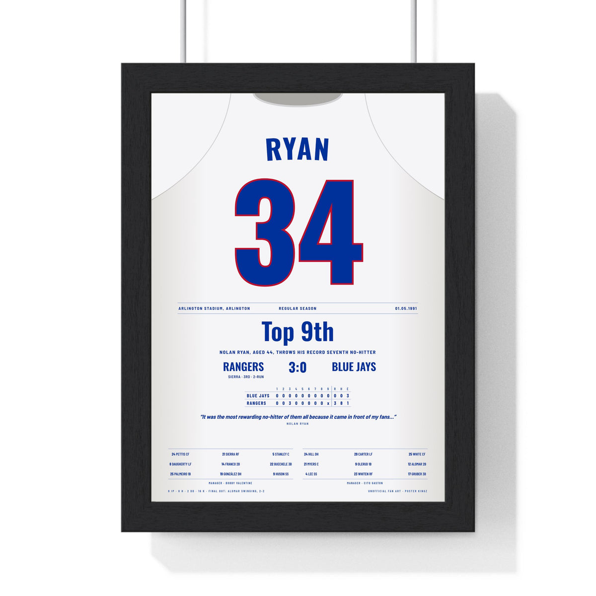 Nolan Ryan 1991 Seventh No-Hitter Poster - Texas Rangers 34 Jersey Print framed in a black frame, ready to hang