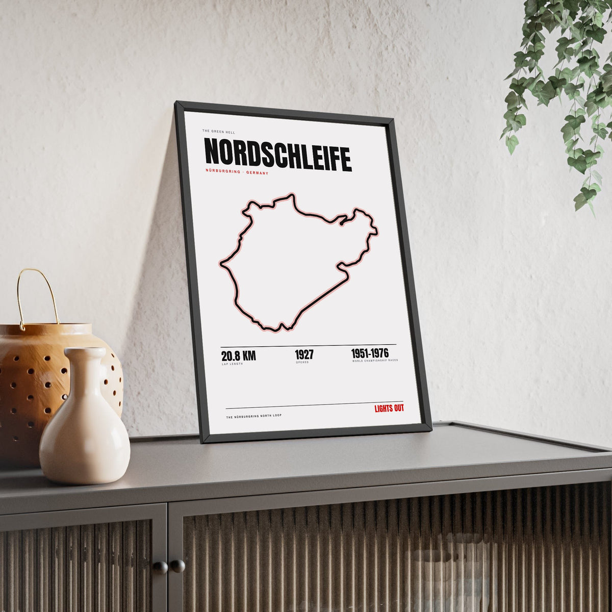 Nordschleife print White framed and leaning on a sideboard