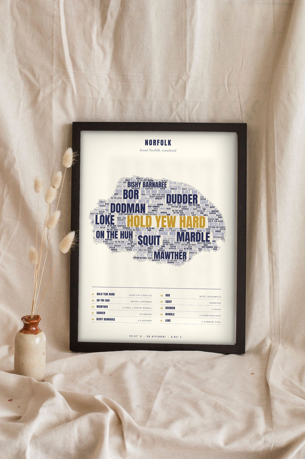 Norfolk Sayings Print in a black frame propped up on linen