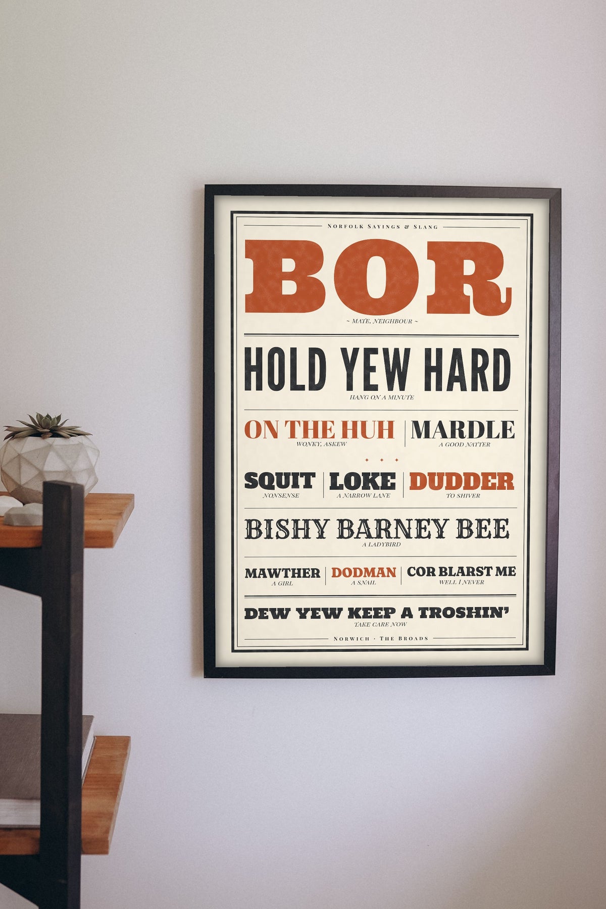 Norfolk Slang Print framed on a wall
