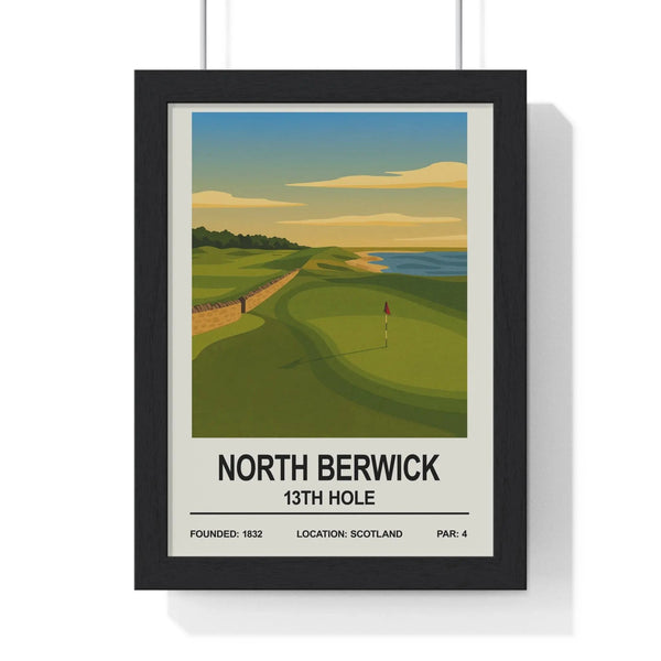 North Berwick 13th hole golf print framed in black wooden frame, showing stone wall and coastal links view