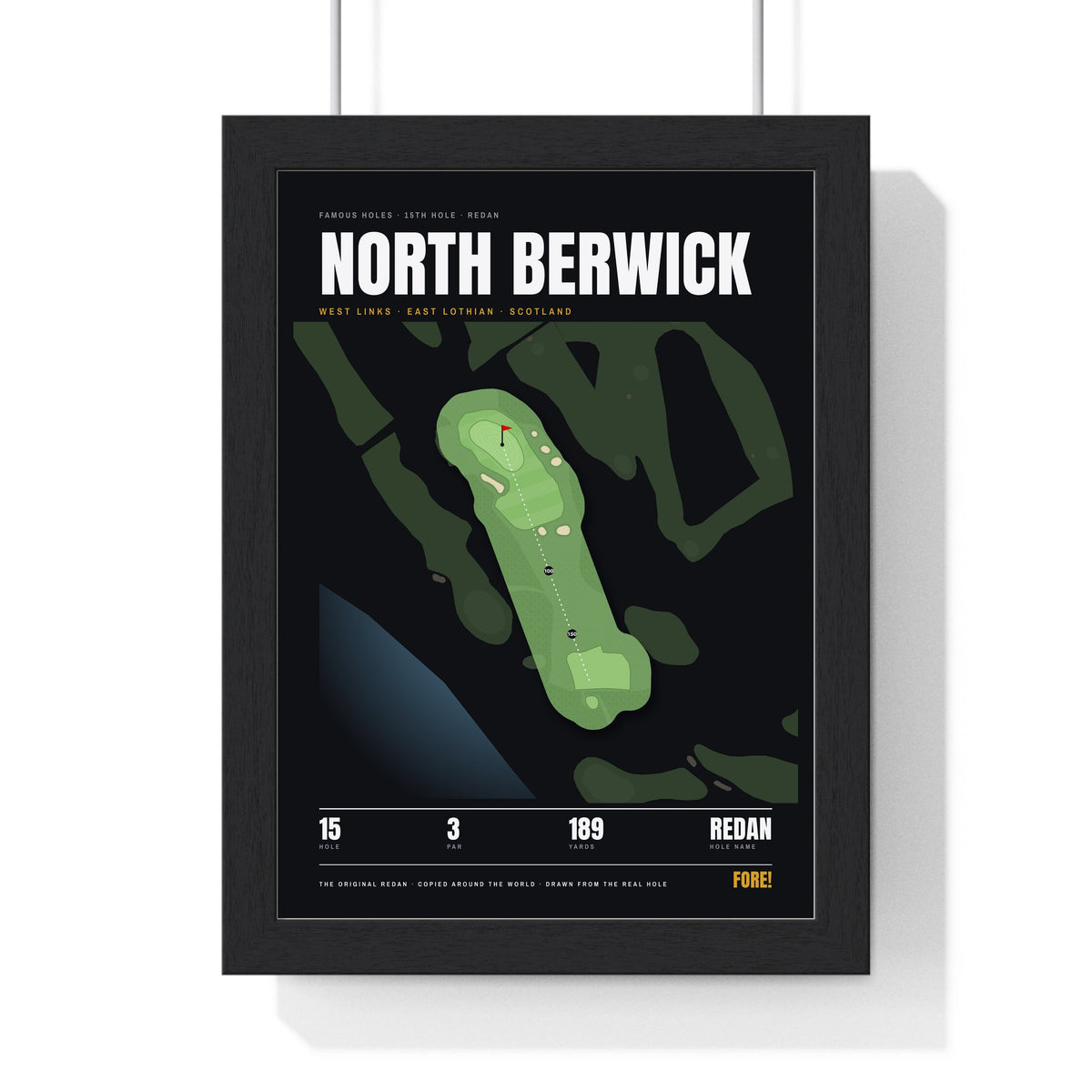 North Berwick 15th Hole print framed in a black frame, ready to hang