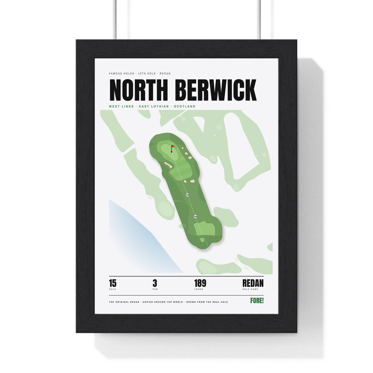 North Berwick 15th Hole White print framed in a black frame, ready to hang