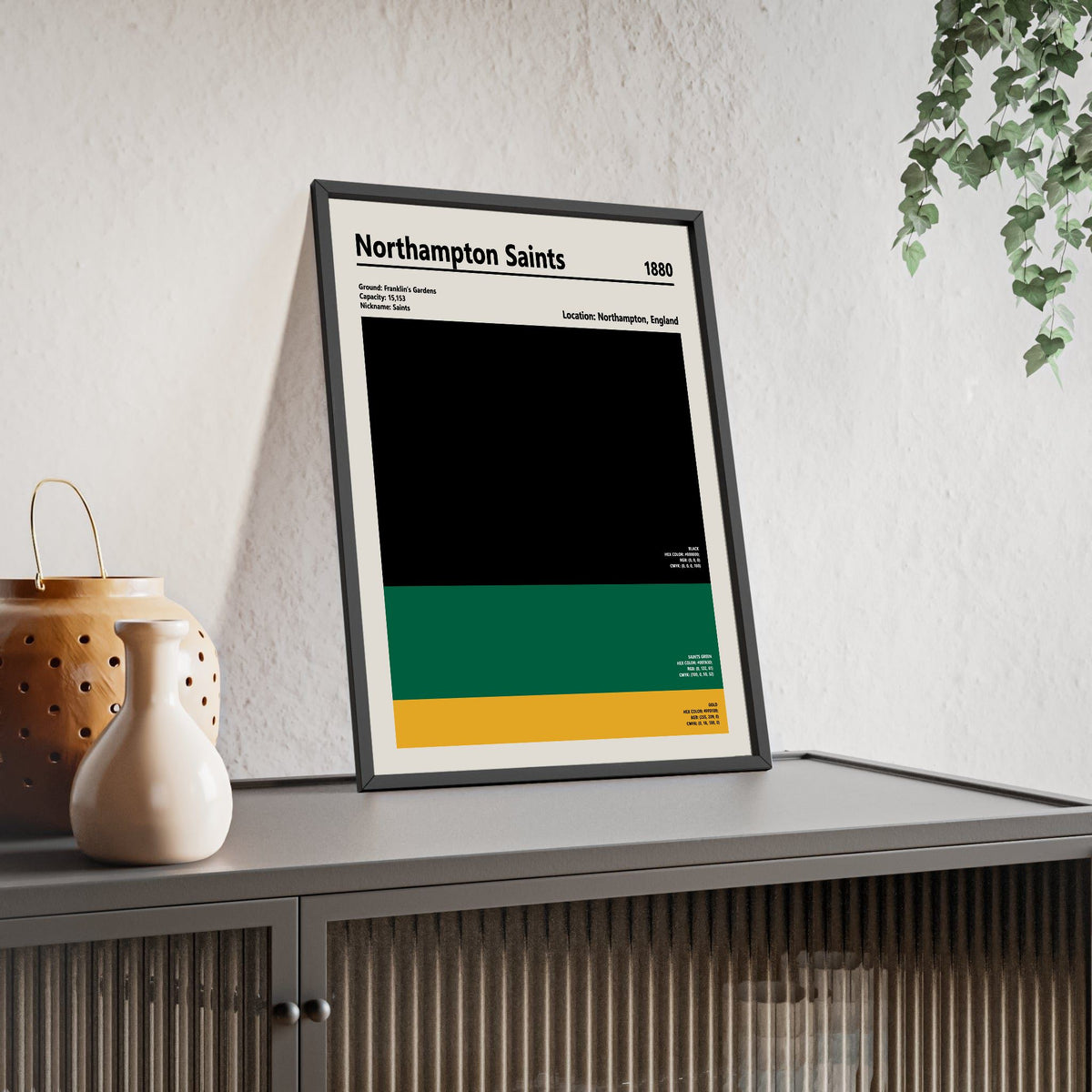 Framed Northampton Saints colour swatch print showing club colours
