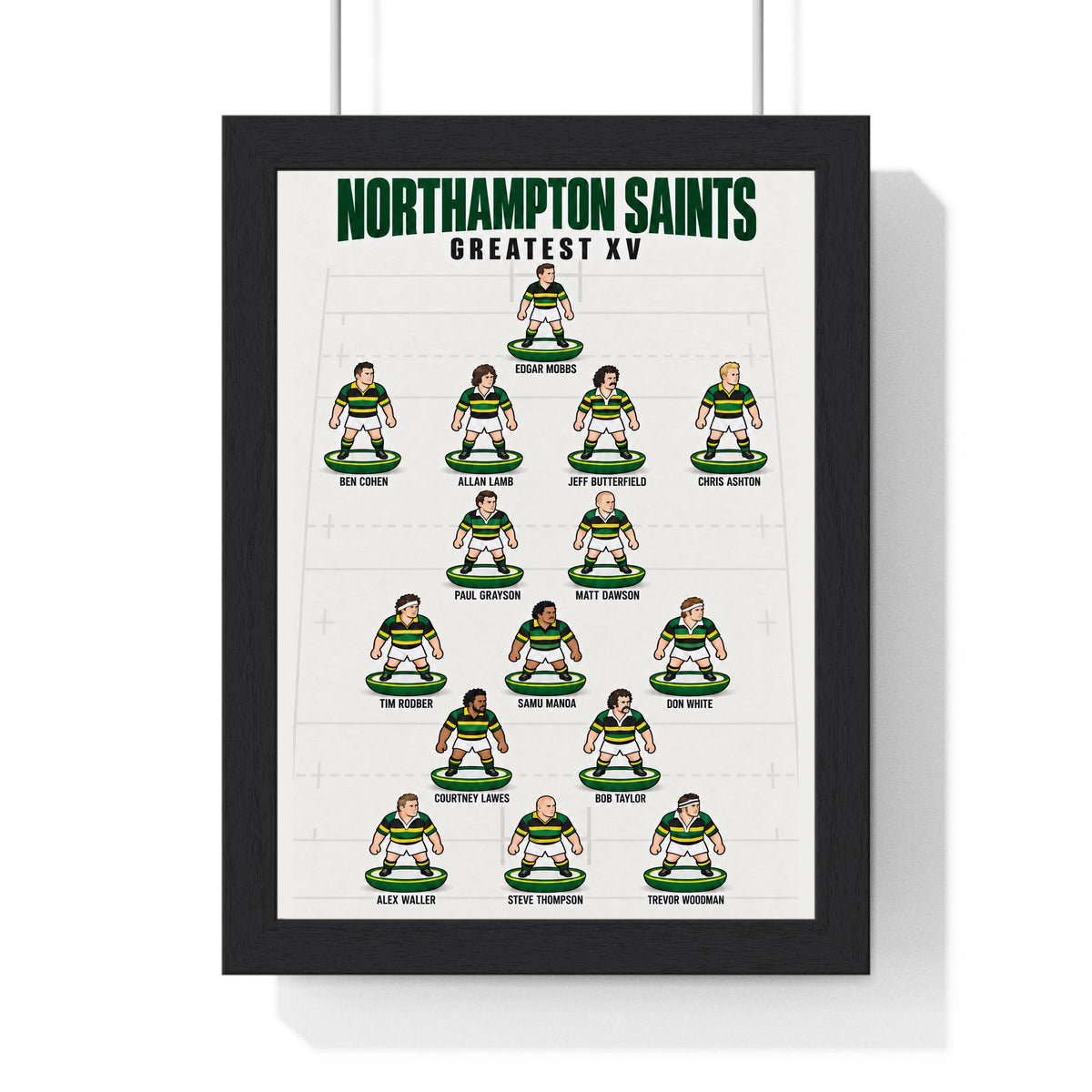 Northampton Saints Greatest XV print in a black frame