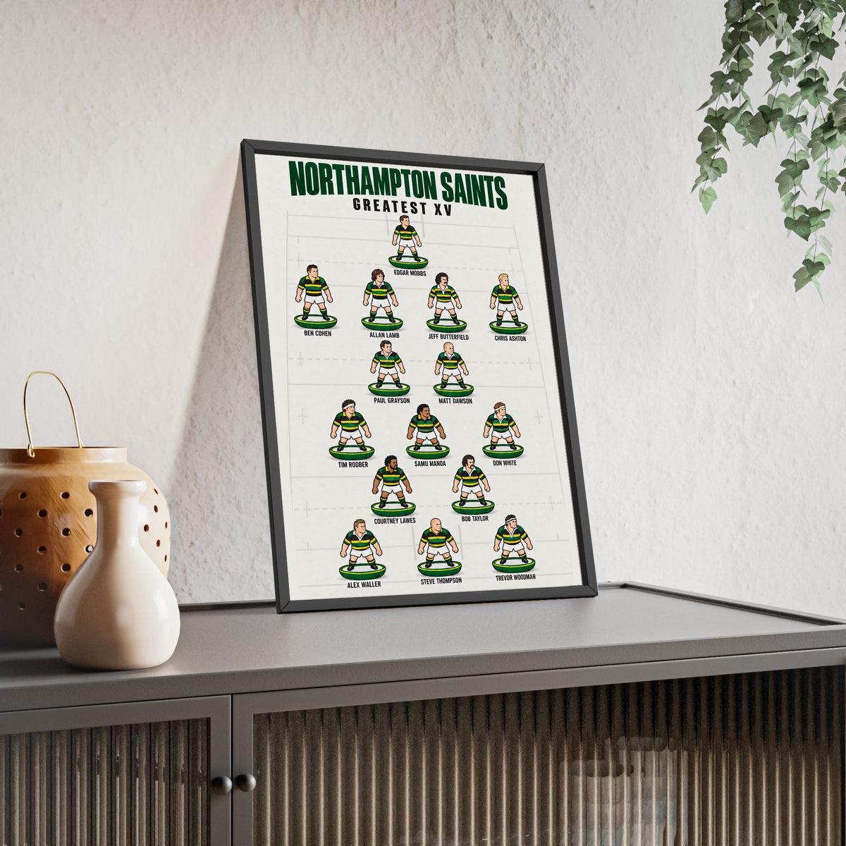 Northampton Saints Greatest XV framed print leaning on a sideboard