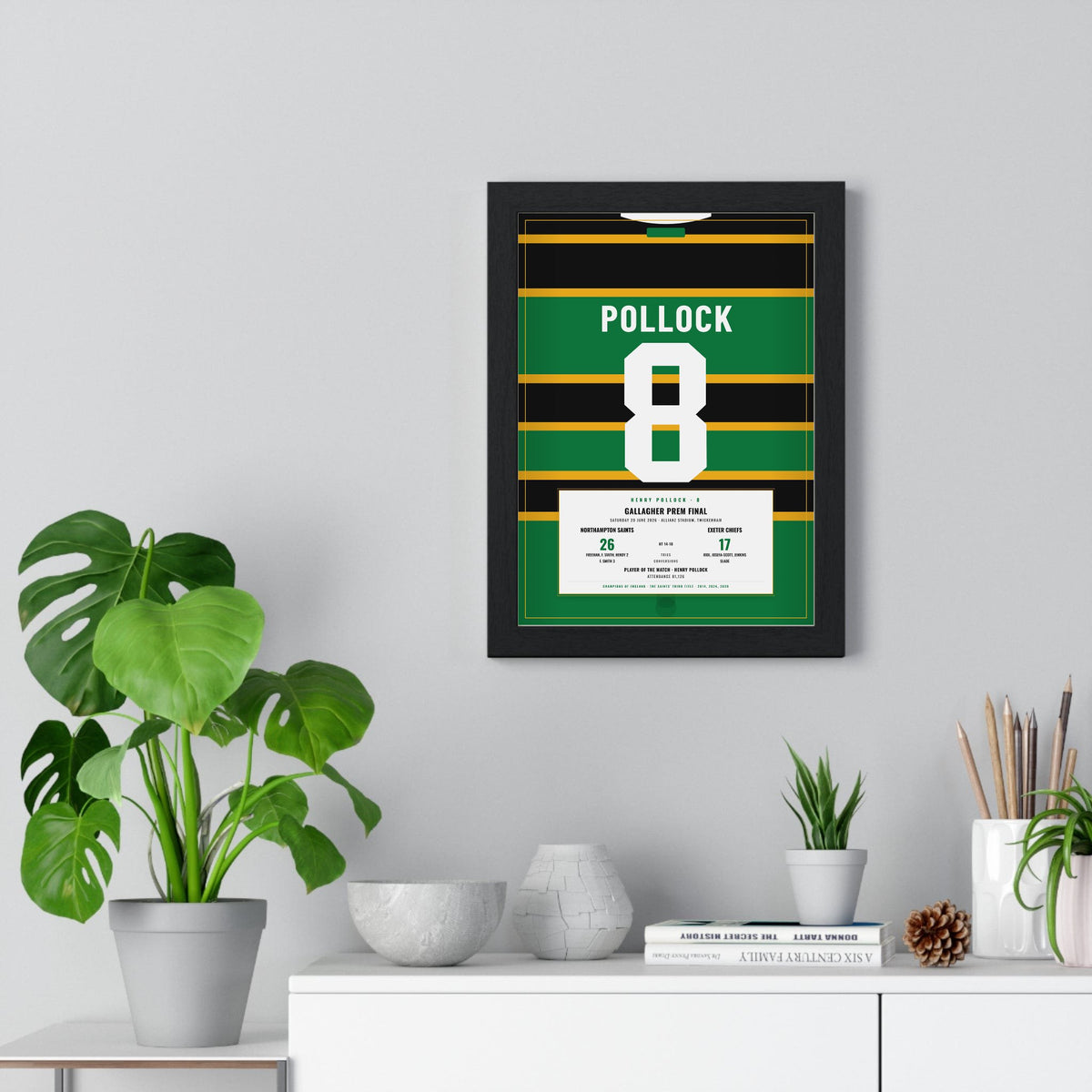 Northampton Saints PREM Final 2026 print - Pollock 8 framed on a living room wall