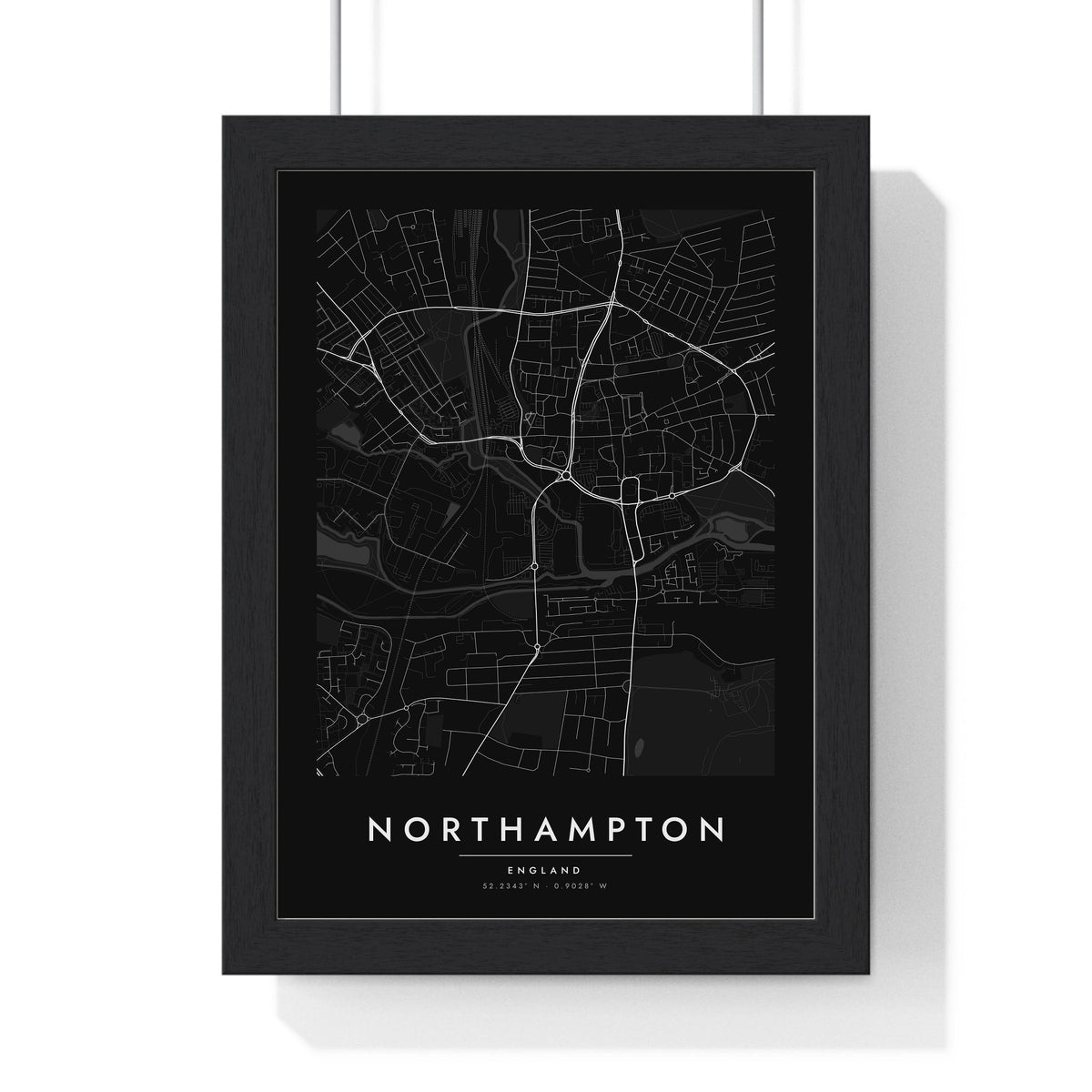 Northampton street map poster in black, minimal city map print framed in a black frame