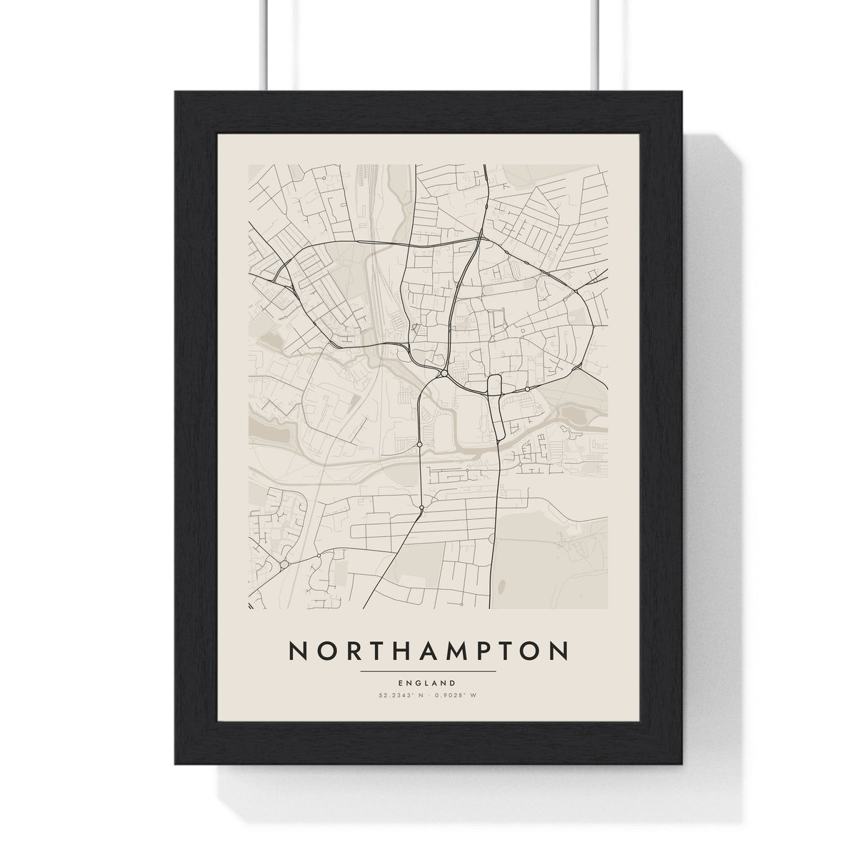 Northampton street map poster in cream, minimal city map print framed in a black frame