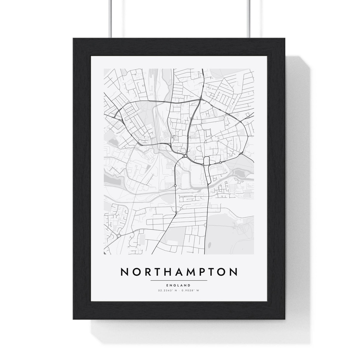Northampton street map poster in white, minimal city map print framed in a black frame