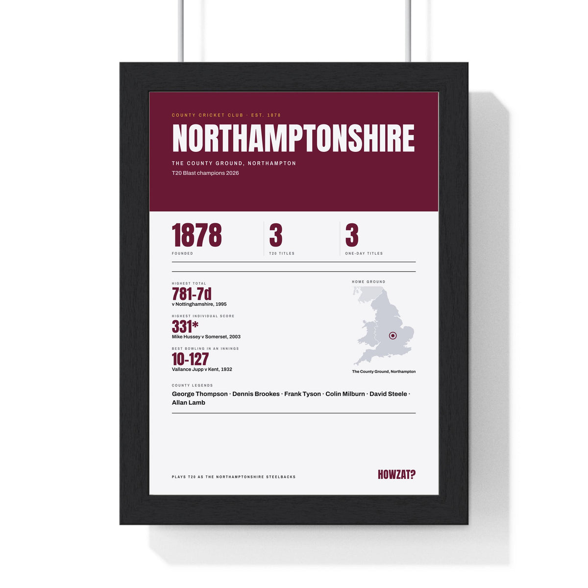 Northamptonshire Cricket print framed in a black frame, ready to hang