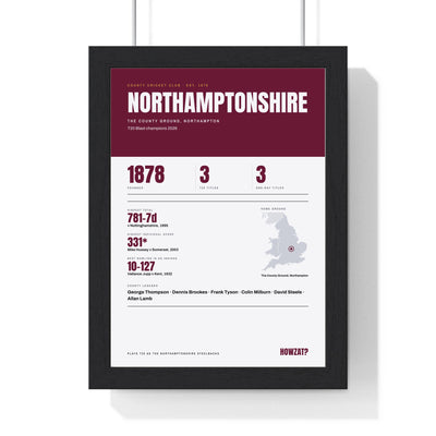 Northamptonshire Cricket print framed in a black frame, ready to hang