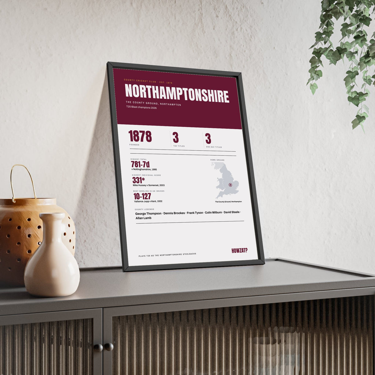 Northamptonshire Cricket print framed and leaning on a sideboard