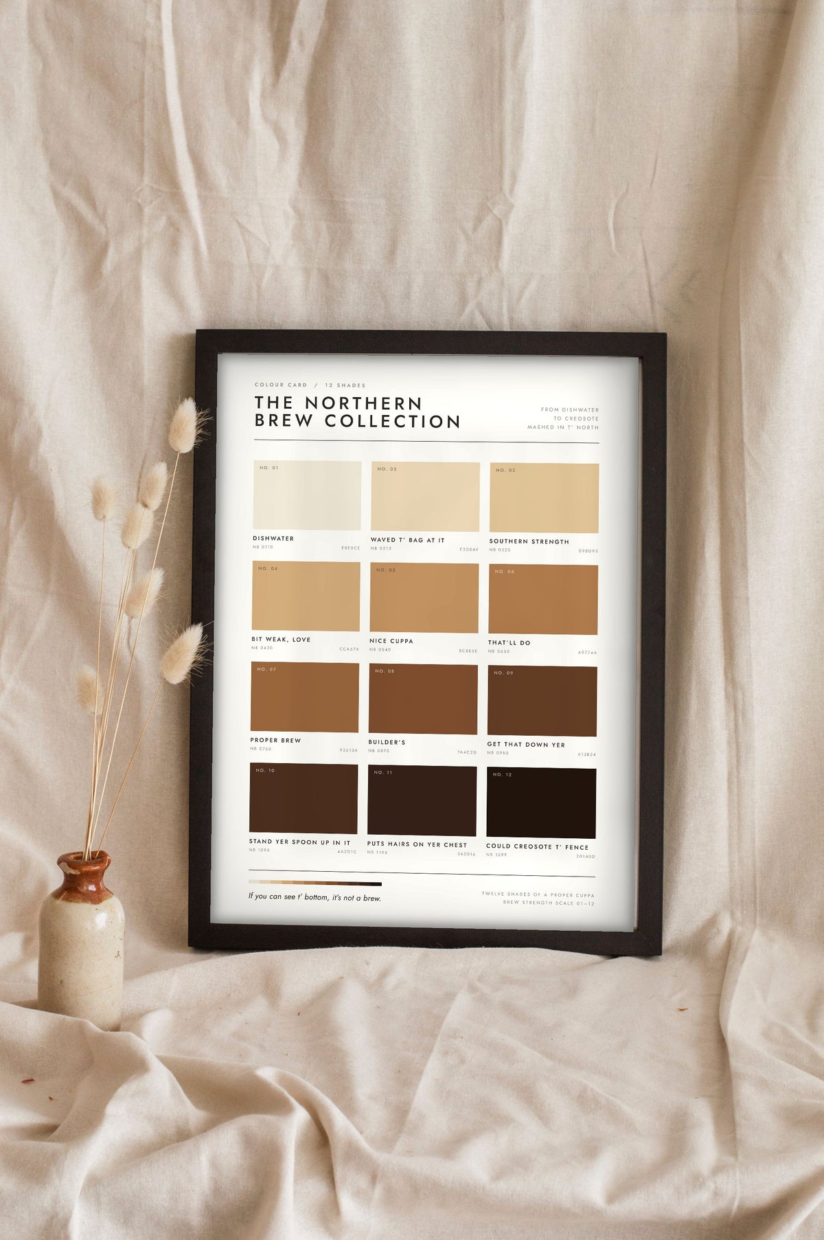 Northern Brew Colour Chart in a black frame propped up on linen