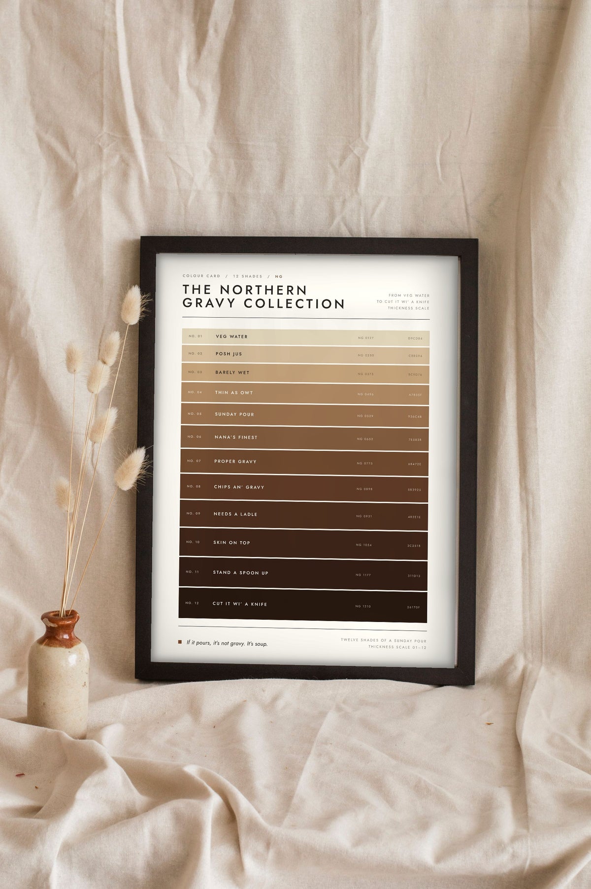 Northern Gravy Colour Chart in a black frame propped up on linen