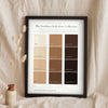 Northern Irish Brew Colour Chart in a black frame propped up on linen