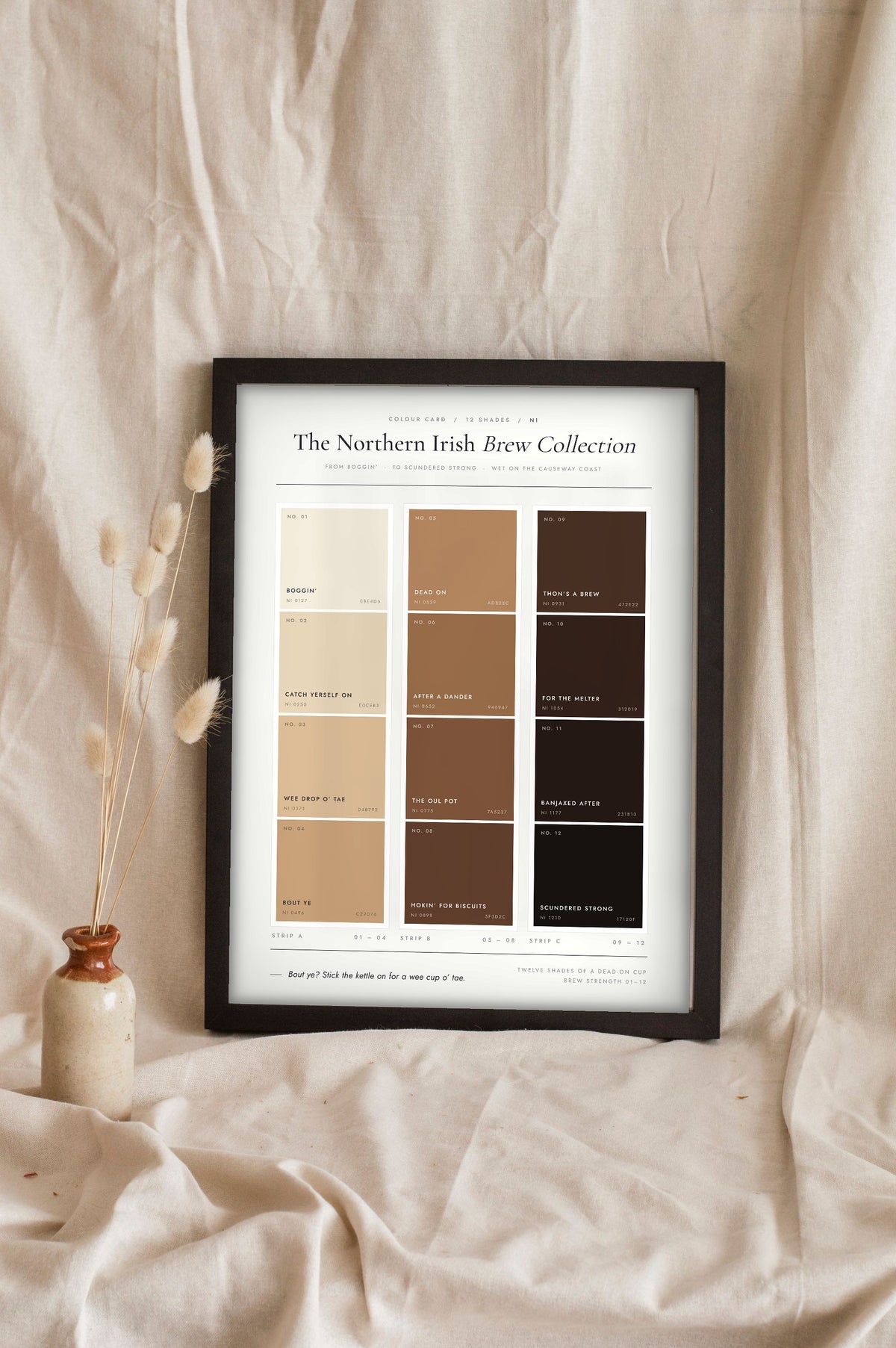 Northern Irish Brew Colour Chart in a black frame propped up on linen